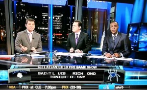 Otoja Abit '03 (right) provided analysis during college basketball coverage on SNY.