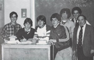 Mr. Egan was moderator of "The Stanner" for over 20 years. Second from the left: current Molloy President Richard Karsten '81.