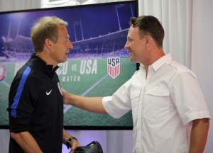 USA National Team Coach Jurgen Klinsmann with Puerto Rico's National Team head coach Jack Stefanowski '93.