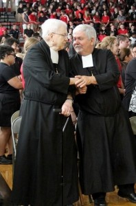 Br. Brendan Brennan '54 (left) shakes hands with Br. Patrick McNamara, US Provincial.