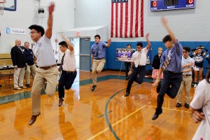 The boys Step Team performs in the Marsloe Gym.